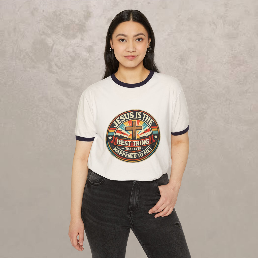 Christian Ringer T-Shirt — "Jesus Is The Best Thing That Ever Happened To Me" Vintage Cross Design