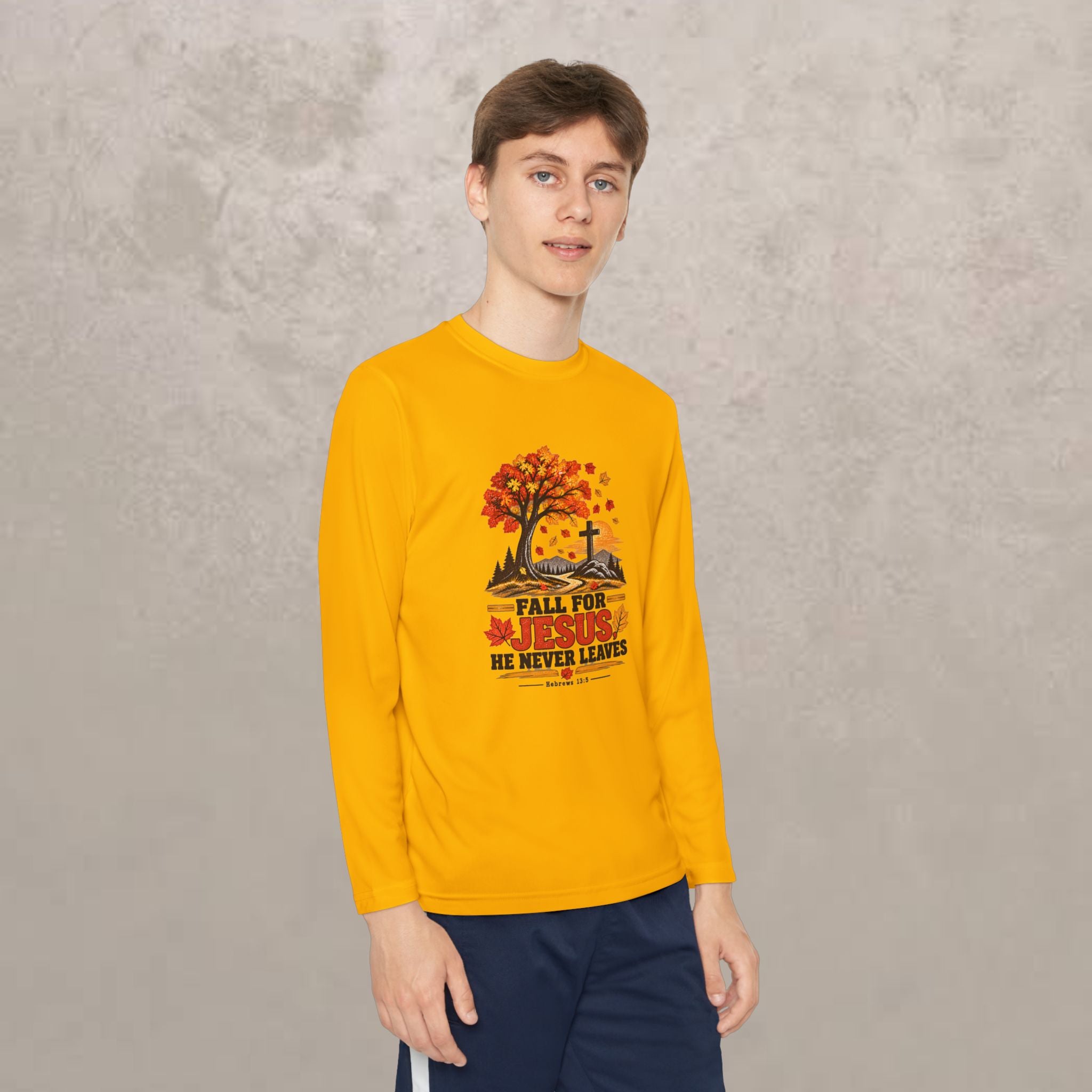 Youth  - Fall for Jesus - He Never Leaves - Autumn Long Sleeve Tee
