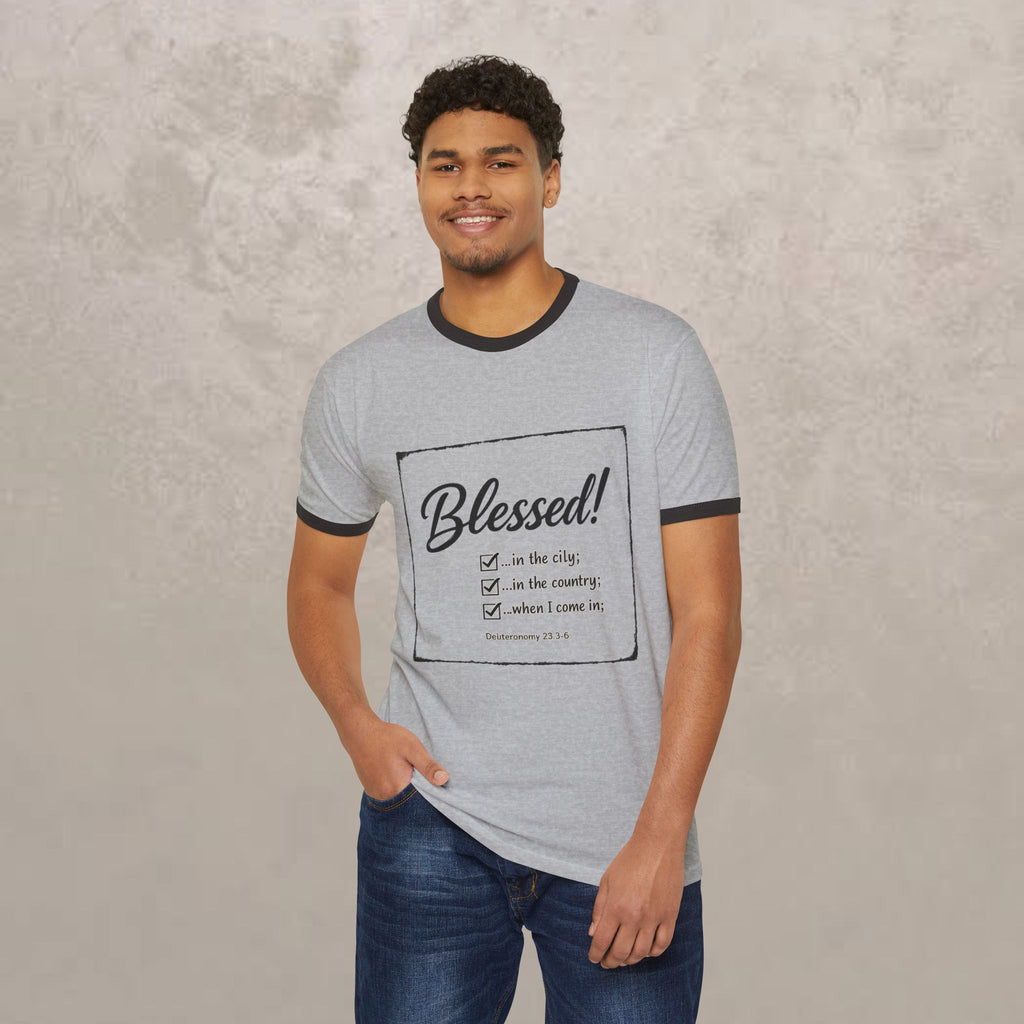 Blessed! Ringer T-Shirt — Christian Faith Graphic Tee (Blessed in the City, Country, Home)