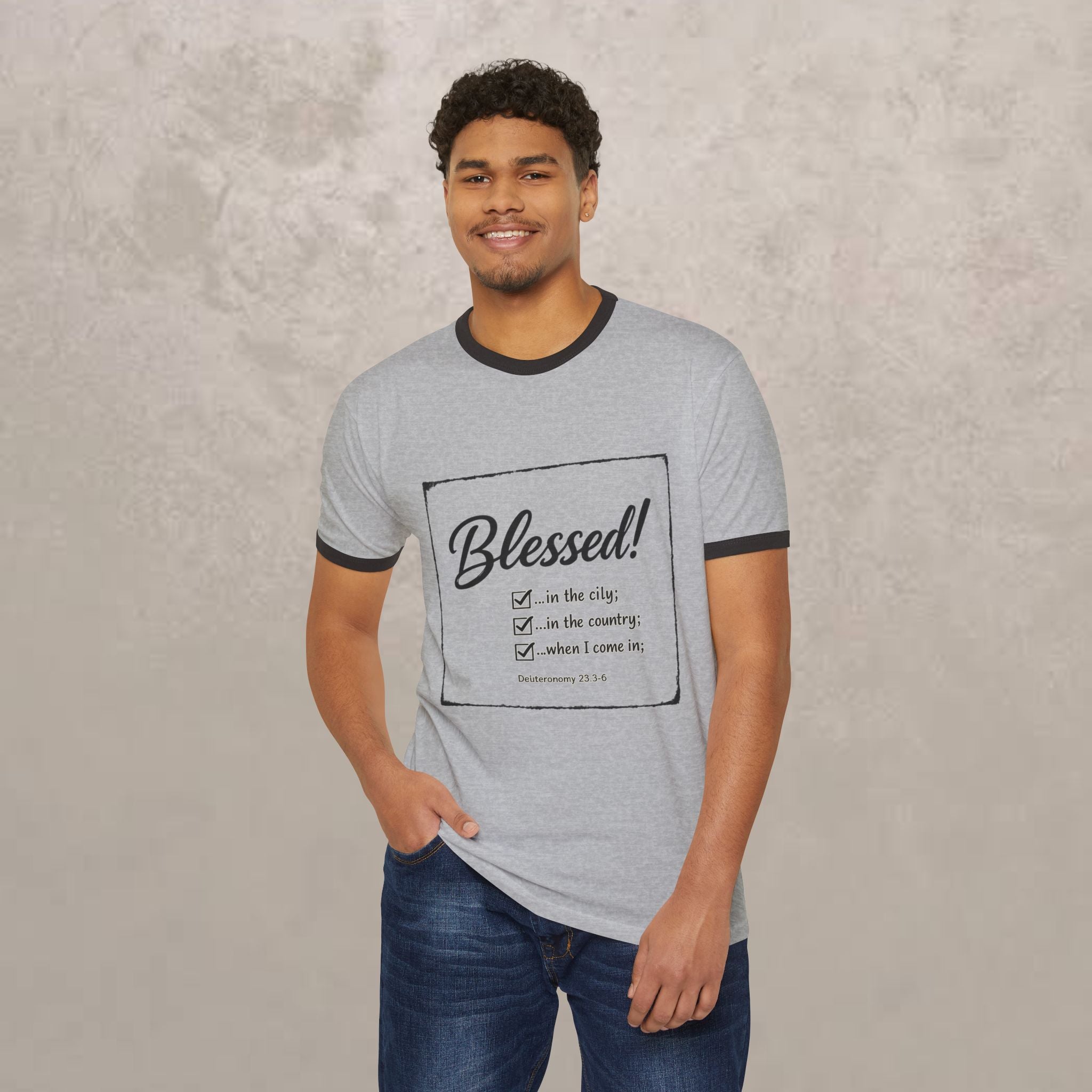 Blessed! Ringer T-Shirt — Christian Faith Graphic Tee (Blessed in the City, Country, Home)