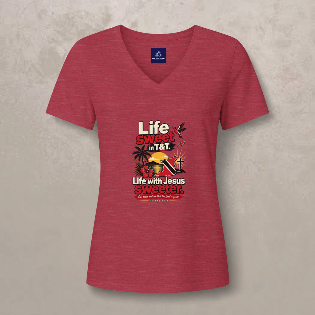 Life Sweet in T&T - Life with Jesus Sweeter - Trinidad Graphic V-Neck Tee