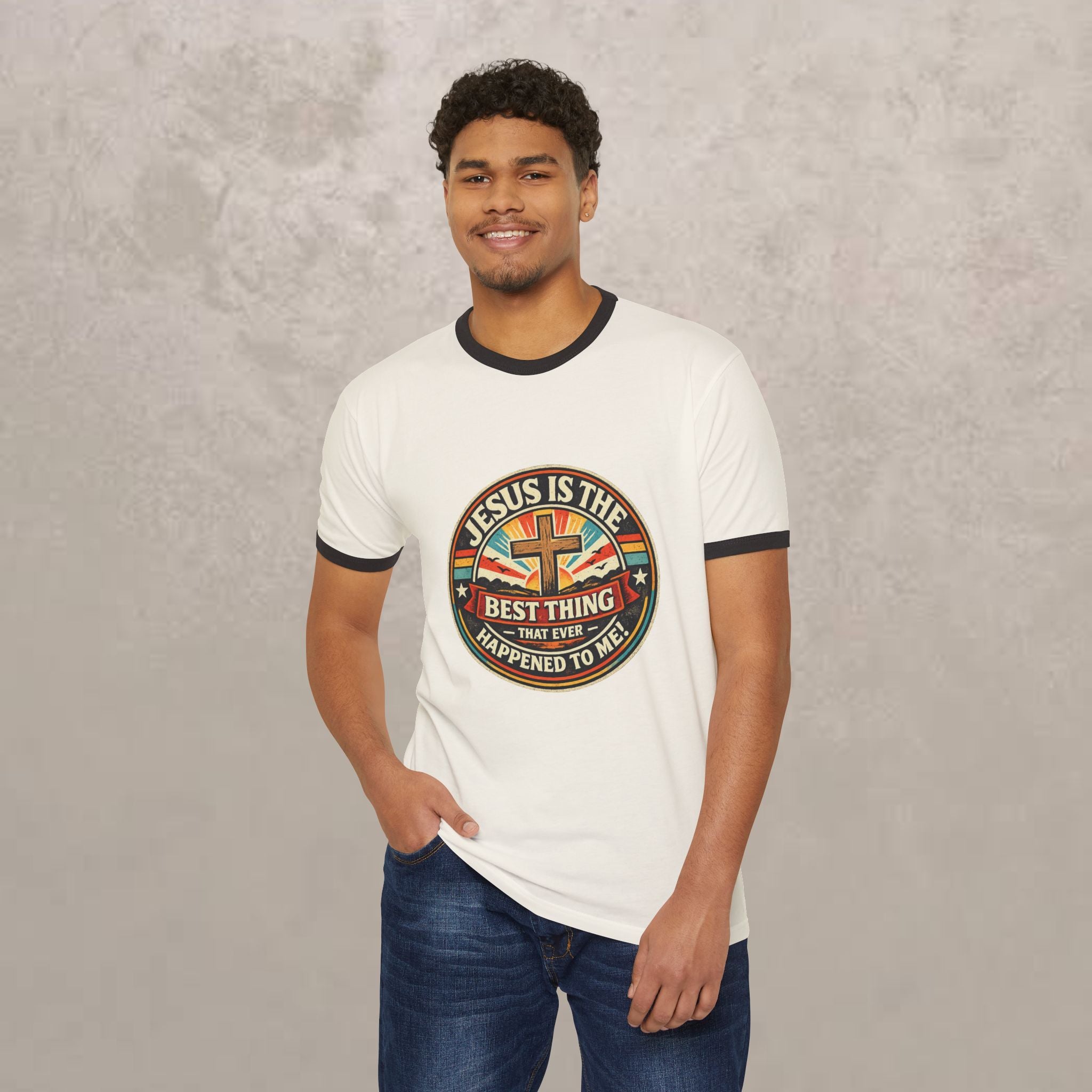 Christian Ringer T-Shirt — "Jesus Is The Best Thing That Ever Happened To Me" Vintage Cross Design