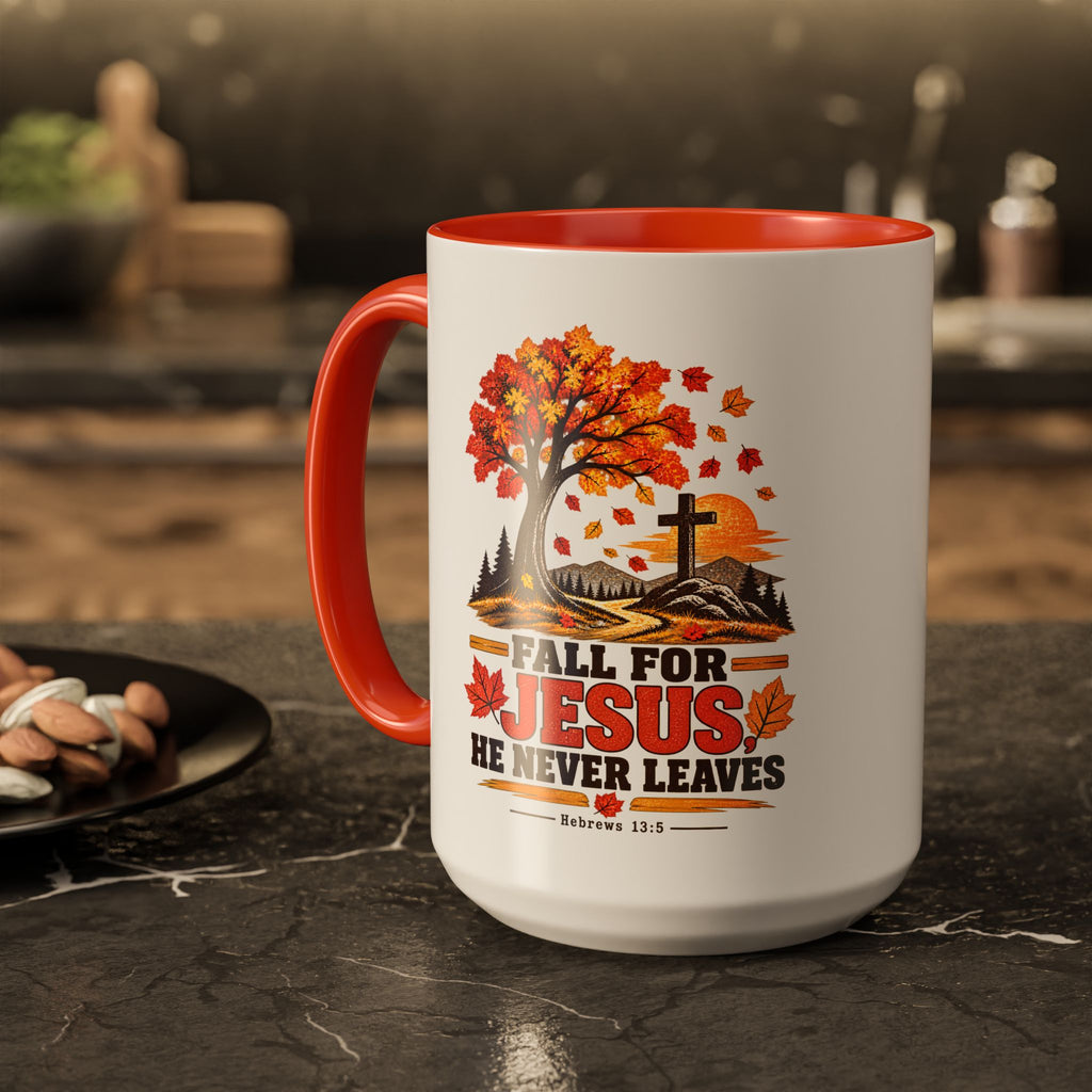 Fall for Jesus - He Never Leaves - Autumn Faith Coffee Cup (11oz/15oz)
