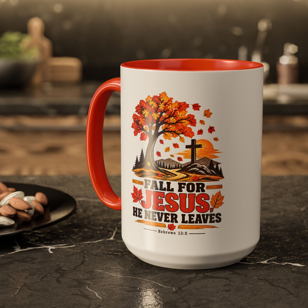 Fall for Jesus - He Never Leaves - Autumn Faith Coffee Cup (11oz/15oz)