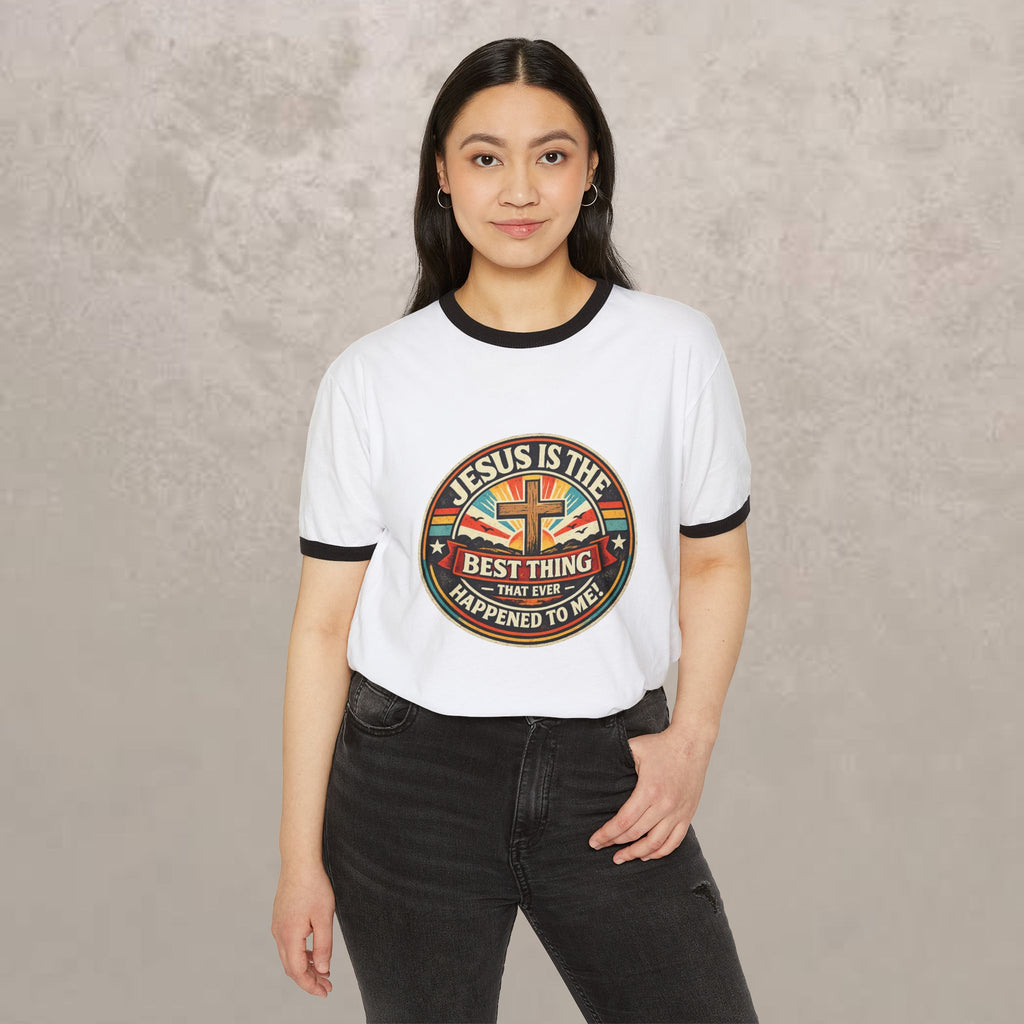 Christian Ringer T-Shirt — "Jesus Is The Best Thing That Ever Happened To Me" Vintage Cross Design