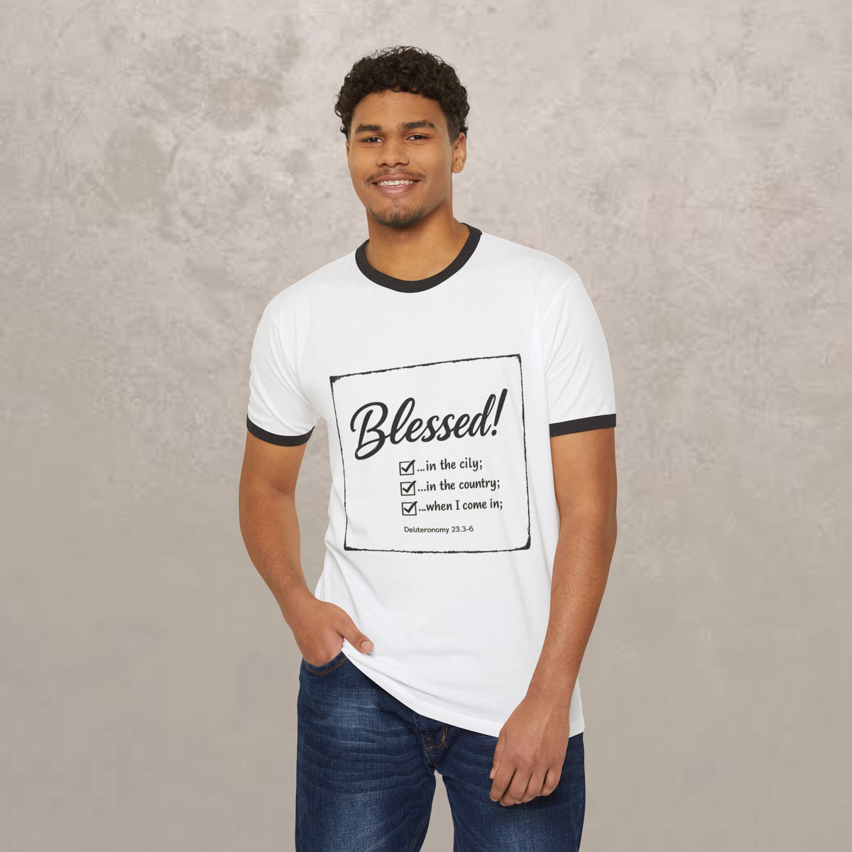 Blessed! Ringer T-Shirt — Christian Faith Graphic Tee (Blessed in the City, Country, Home)