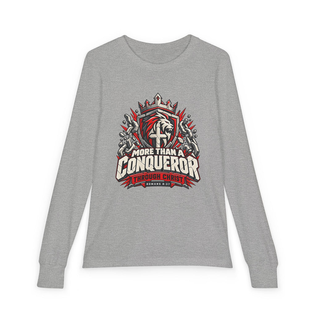 Youth  - More Than A Conqueror -  Christian Faith Shield Design Long Sleeve Tee