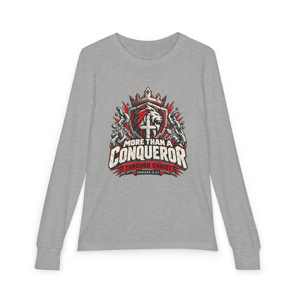 Youth  - More Than A Conqueror -  Christian Faith Shield Design Long Sleeve Tee