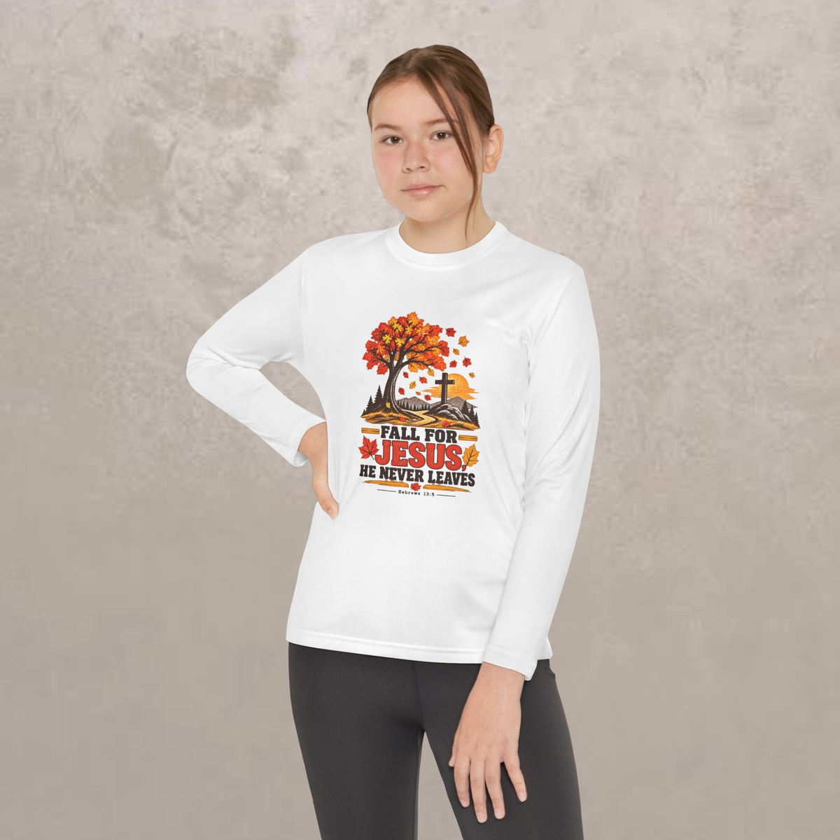 Youth  - Fall for Jesus - He Never Leaves - Autumn Long Sleeve Tee