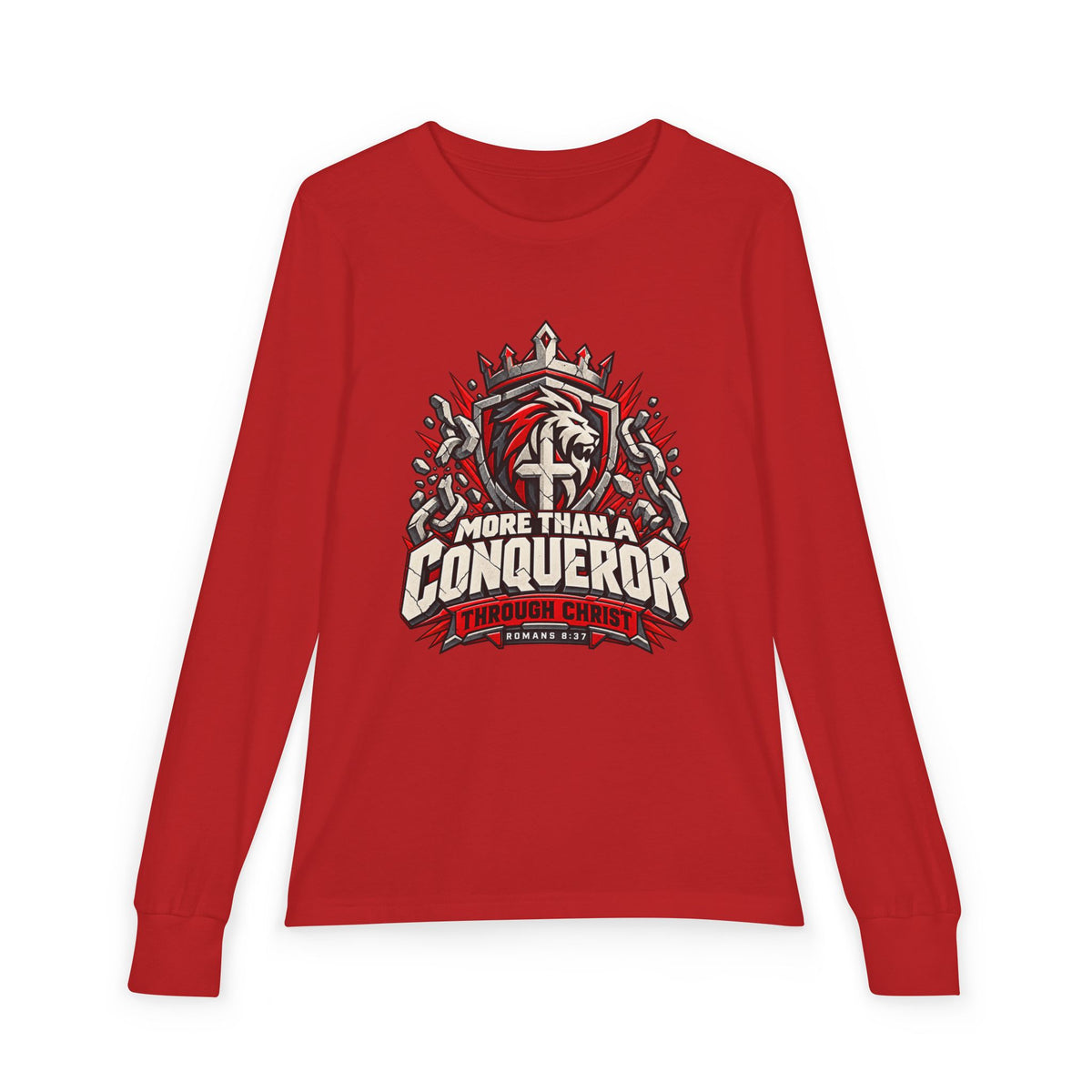 Youth  - More Than A Conqueror -  Christian Faith Shield Design Long Sleeve Tee