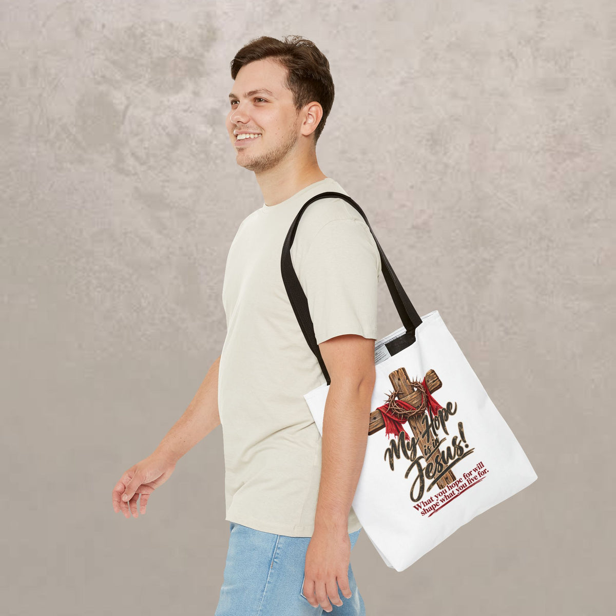 Christian Cross Tote Bag — "My Hope is in Jesus" Inspirational Canvas Tote