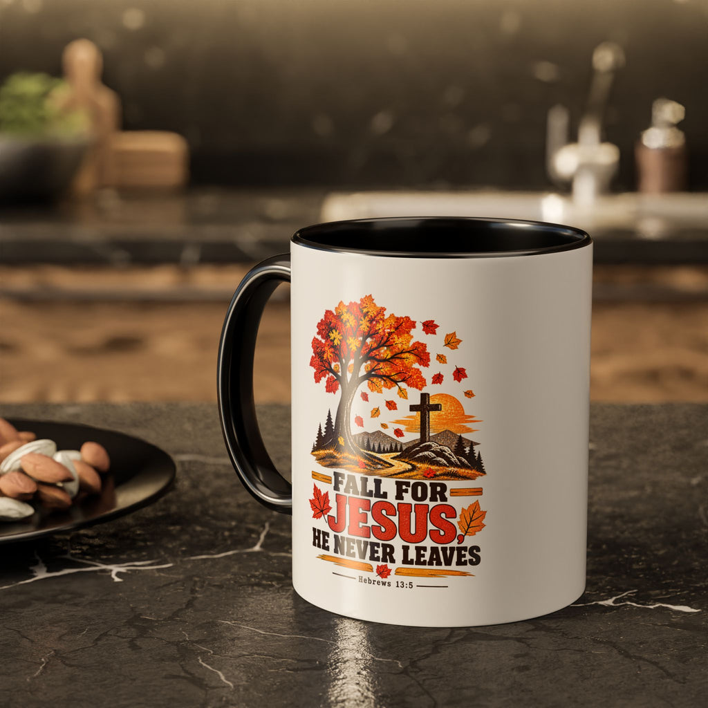 Fall for Jesus - He Never Leaves - Autumn Faith Coffee Cup (11oz/15oz)