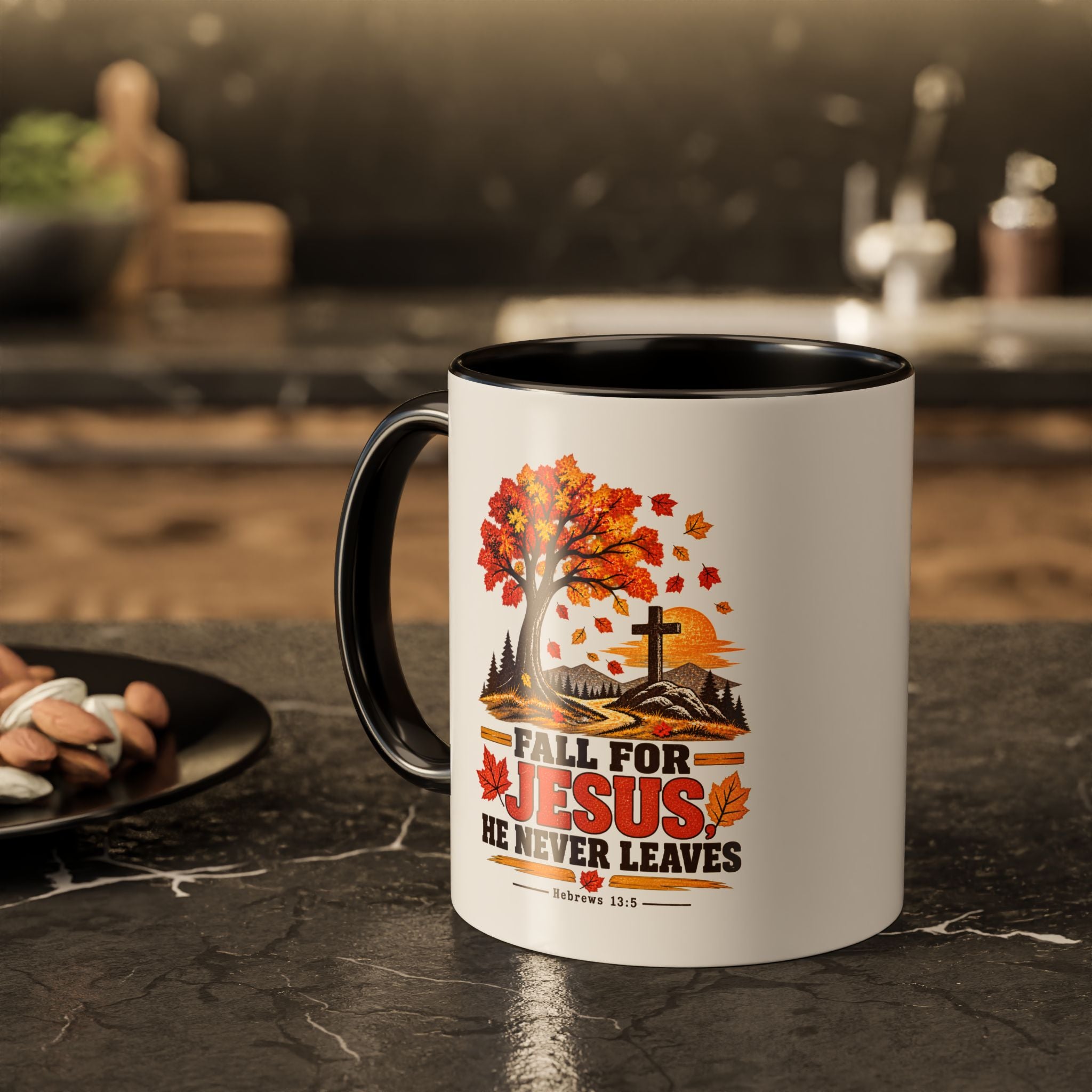 Fall for Jesus - He Never Leaves - Autumn Faith Coffee Cup (11oz/15oz)