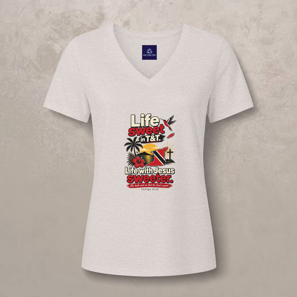 Life Sweet in T&T - Life with Jesus Sweeter - Trinidad Graphic V-Neck Tee