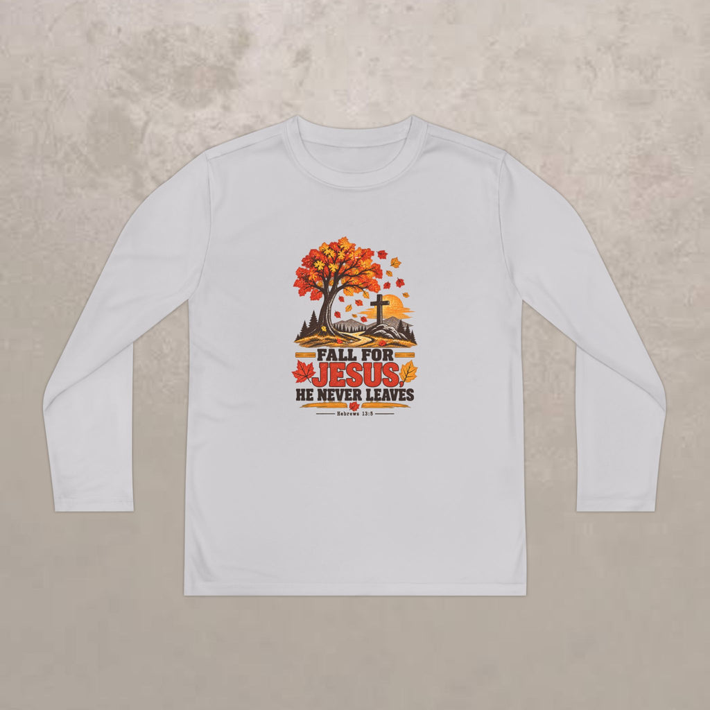 Youth  - Fall for Jesus - He Never Leaves - Autumn Long Sleeve Tee