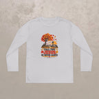 Youth Long Sleeve Tee — "Fall for Jesus He Never Leaves" Autumn Cross Design