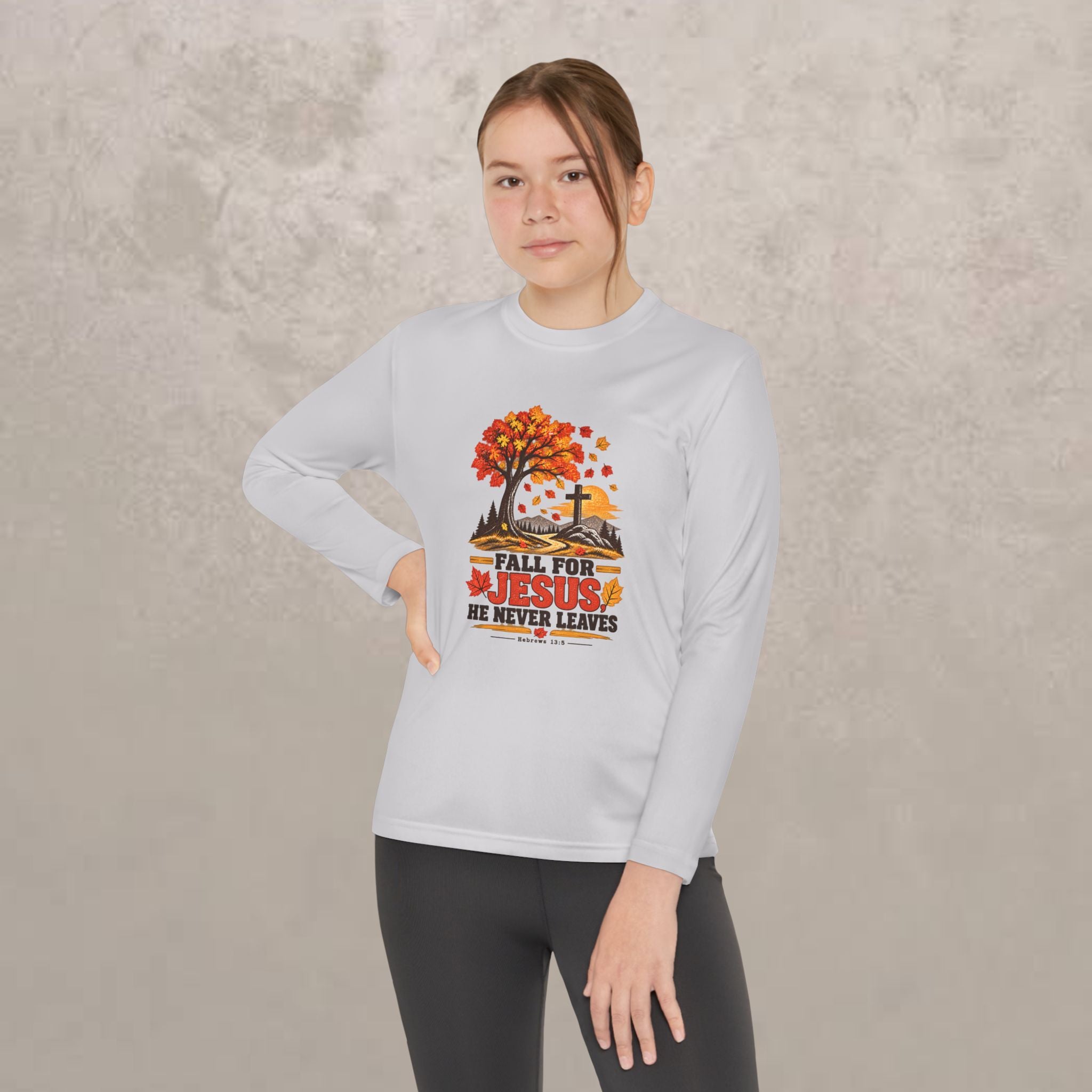 Youth  - Fall for Jesus - He Never Leaves - Autumn Long Sleeve Tee