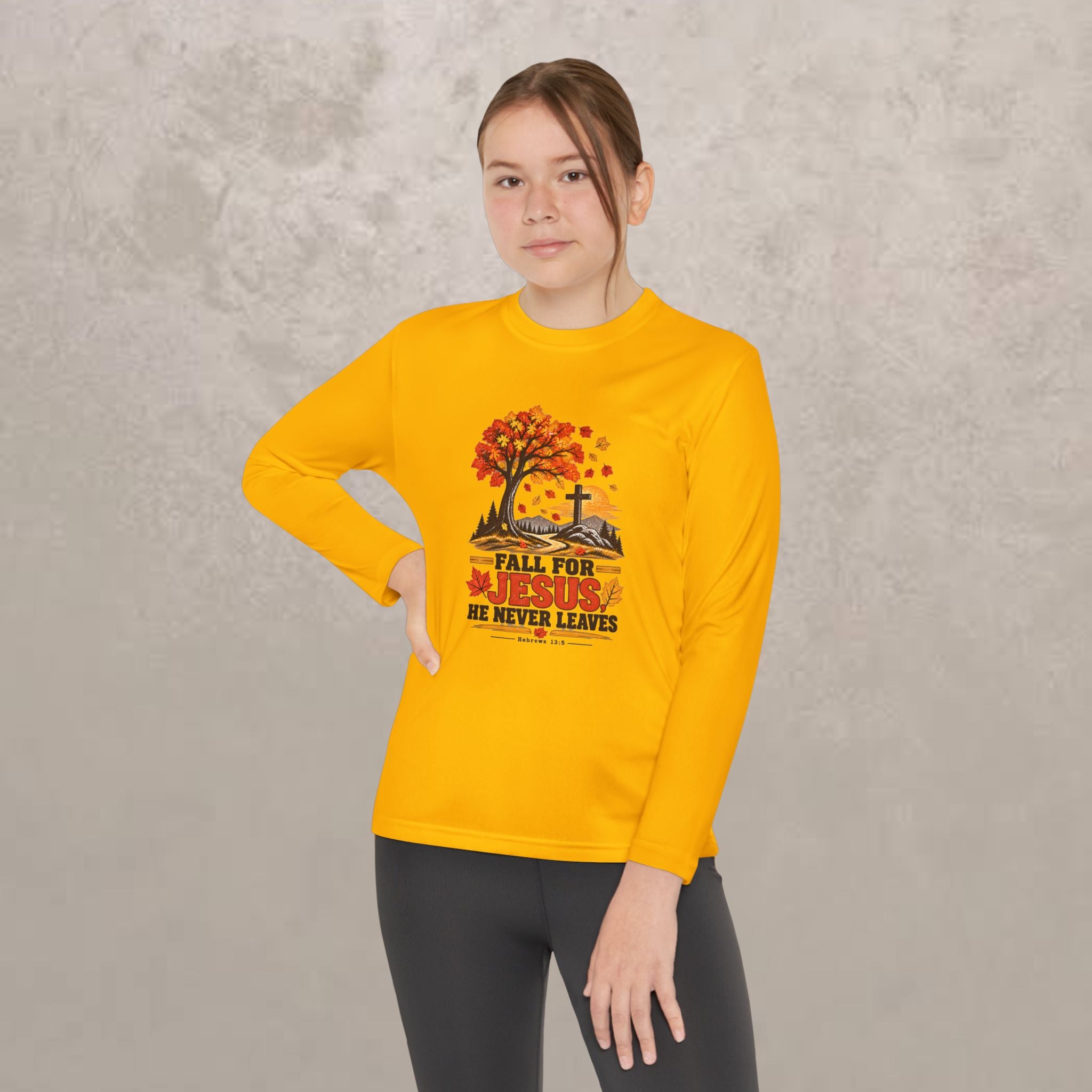 Youth  - Fall for Jesus - He Never Leaves - Autumn Long Sleeve Tee