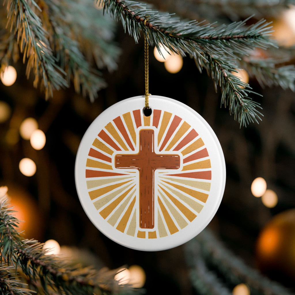 Ceramic Cross Ornament with Radiant Sunburst Design - with Gift Packaging