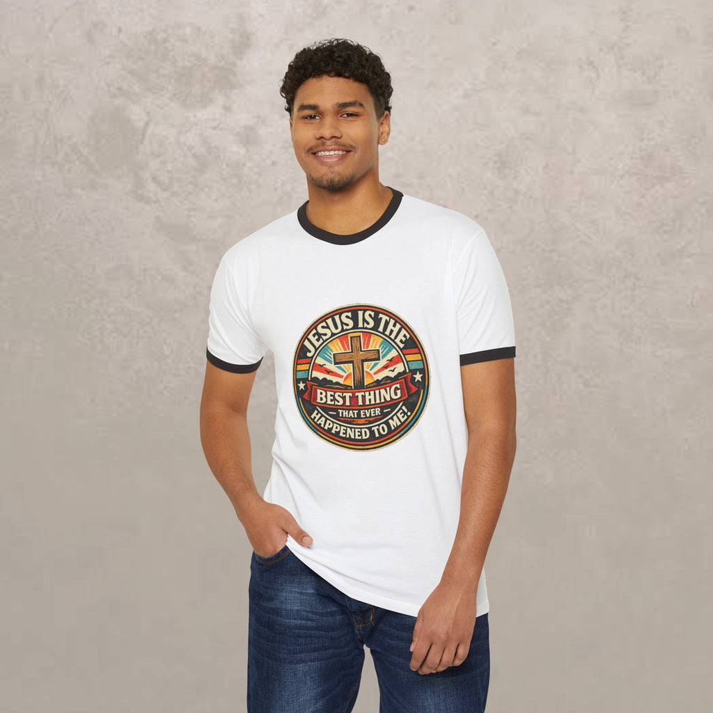 Christian Ringer T-Shirt — "Jesus Is The Best Thing That Ever Happened To Me" Vintage Cross Design