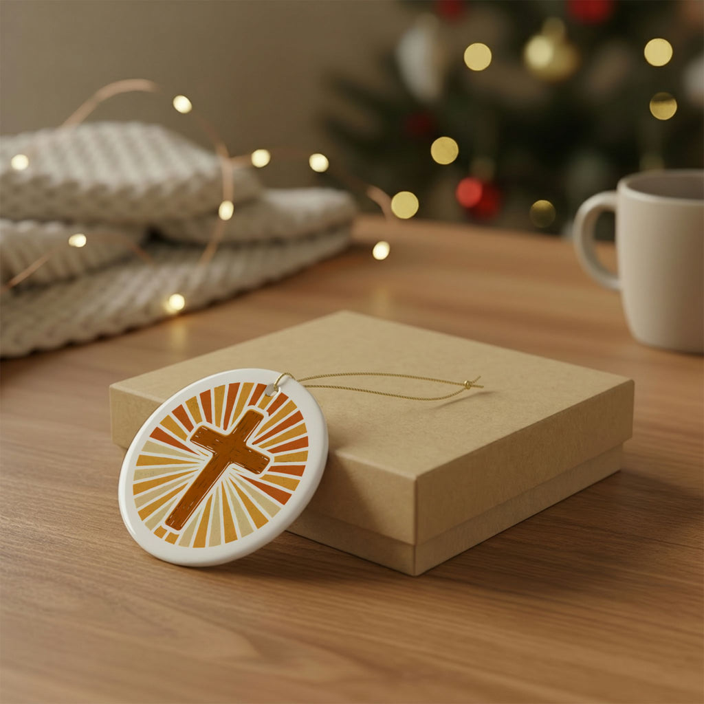 Ceramic Cross Ornament with Radiant Sunburst Design - with Gift Packaging