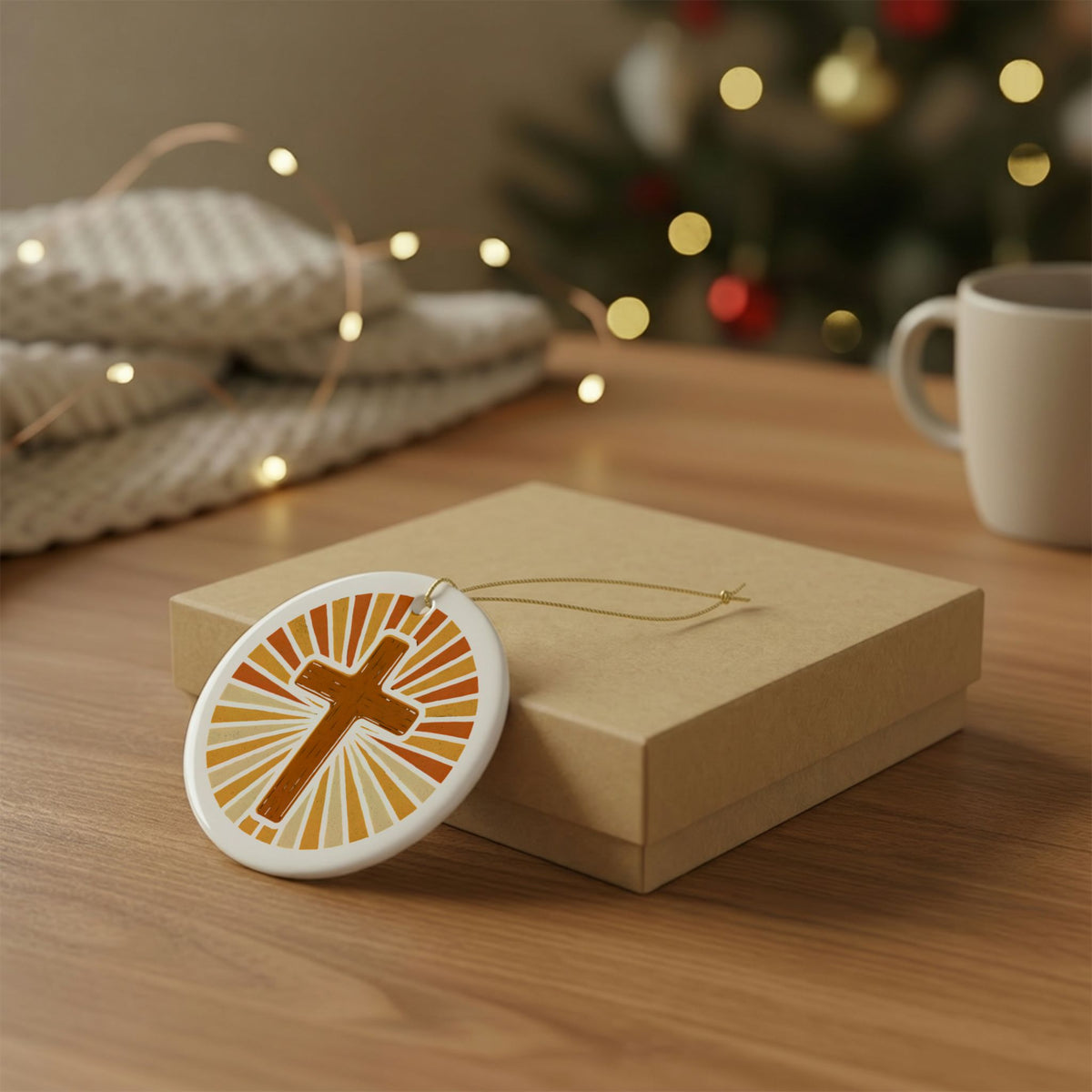 Ceramic Cross Ornament with Radiant Sunburst Design - with Gift Packaging