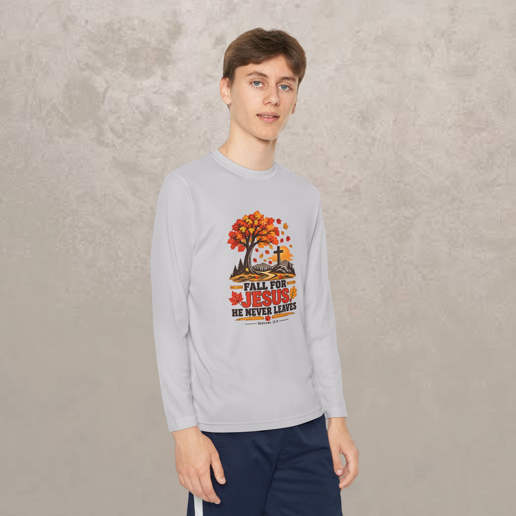 Youth  - Fall for Jesus - He Never Leaves - Autumn Long Sleeve Tee