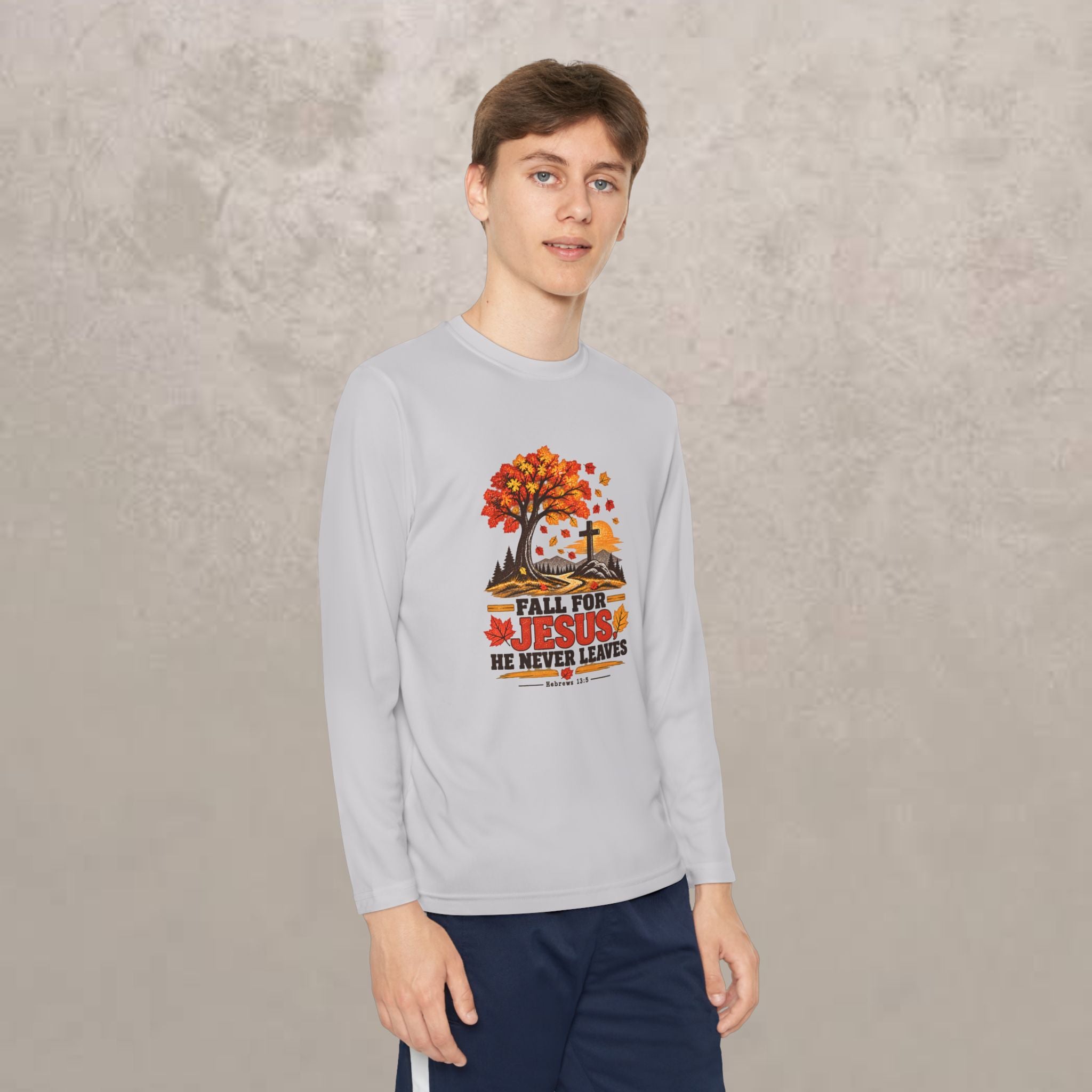 Youth  - Fall for Jesus - He Never Leaves - Autumn Long Sleeve Tee