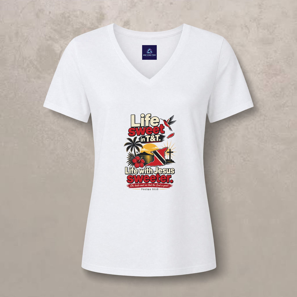 Life Sweet in T&T - Life with Jesus Sweeter - Trinidad Graphic V-Neck Tee