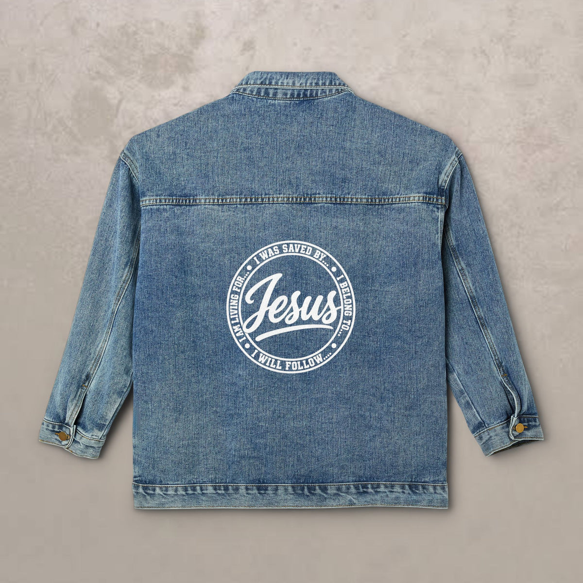 Women's Denim Jacket – 'Jesus - I Will Follow...' Faith Graphic Back Logo, Christian Spiritual Jacket