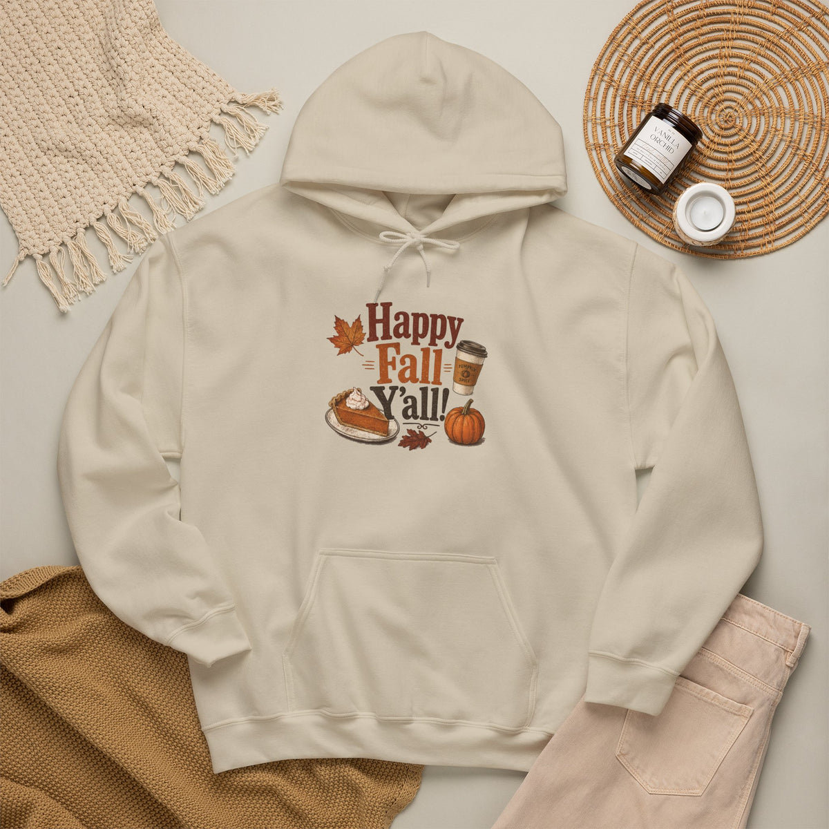 Adult Hoodie - Happy Fall Y'all" Pumpkin, Pie & Coffee - Autumn Sweatshirt