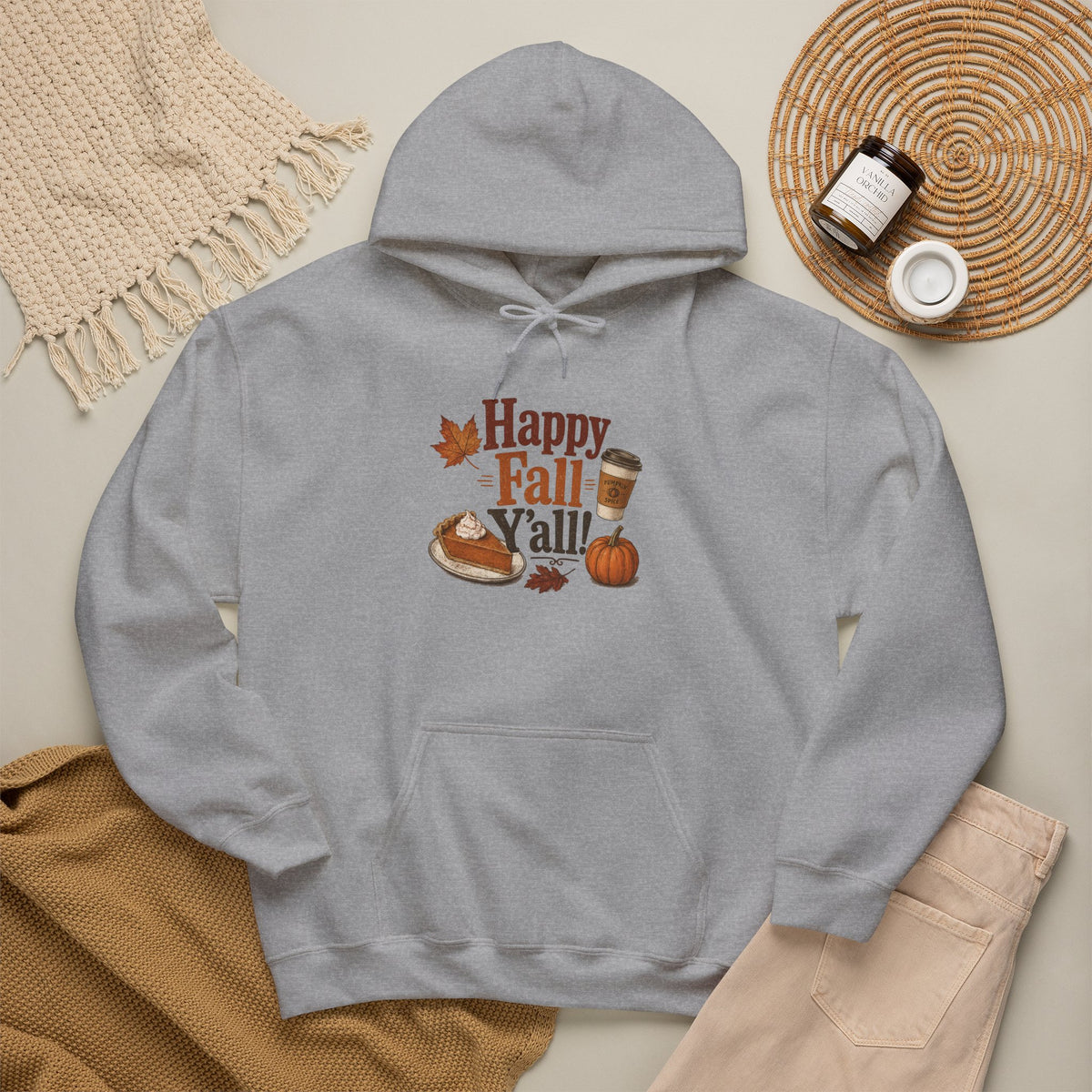 Adult Hoodie - Happy Fall Y'all" Pumpkin, Pie & Coffee - Autumn Sweatshirt