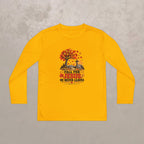 Youth Long Sleeve Tee — "Fall for Jesus He Never Leaves" Autumn Cross Design