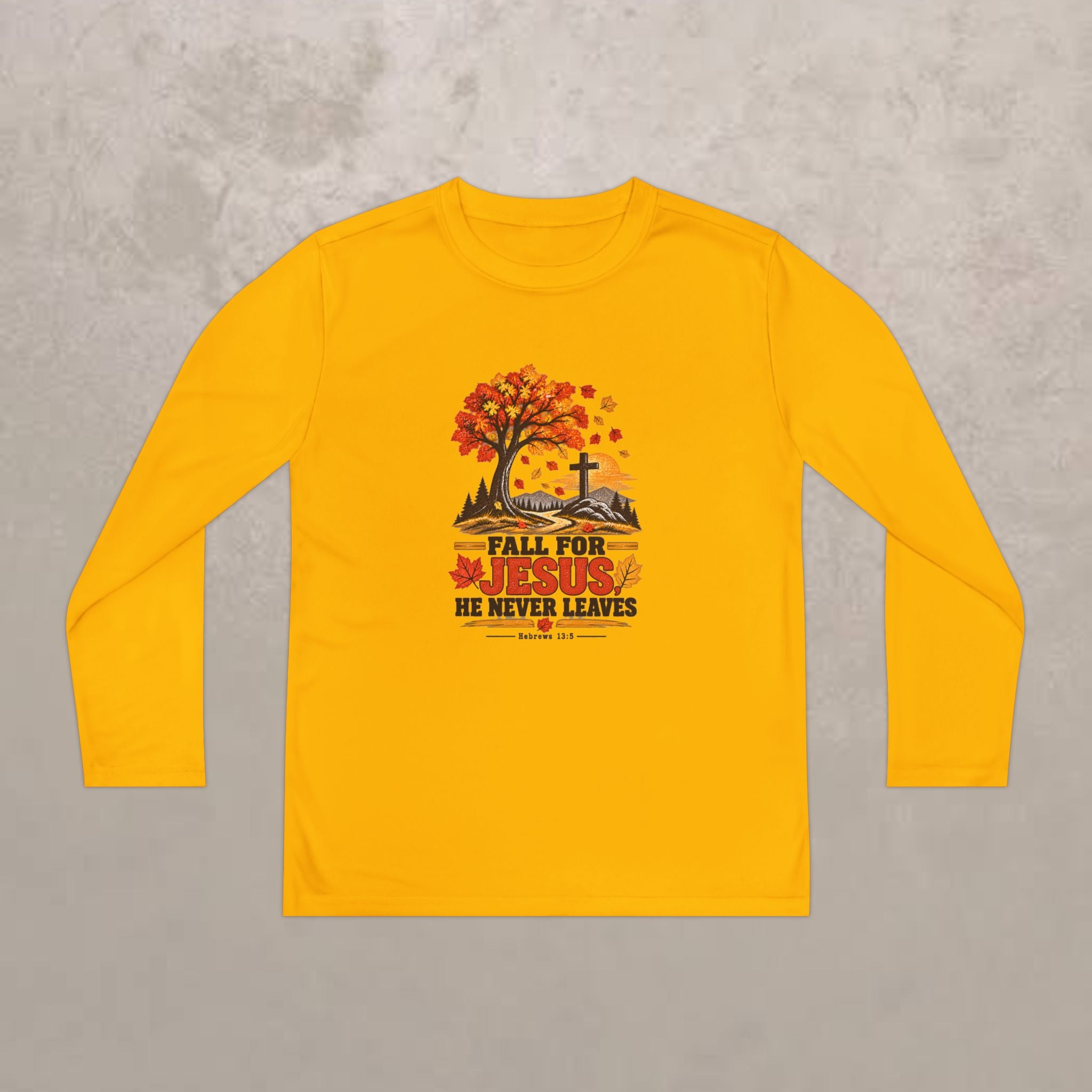 Youth  - Fall for Jesus - He Never Leaves - Autumn Long Sleeve Tee
