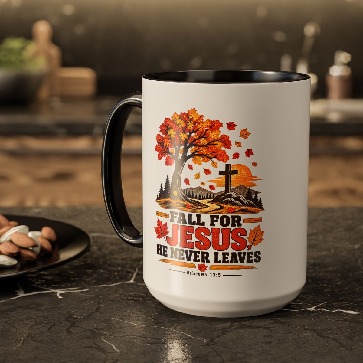 Fall for Jesus - He Never Leaves - Autumn Faith Coffee Cup (11oz/15oz)