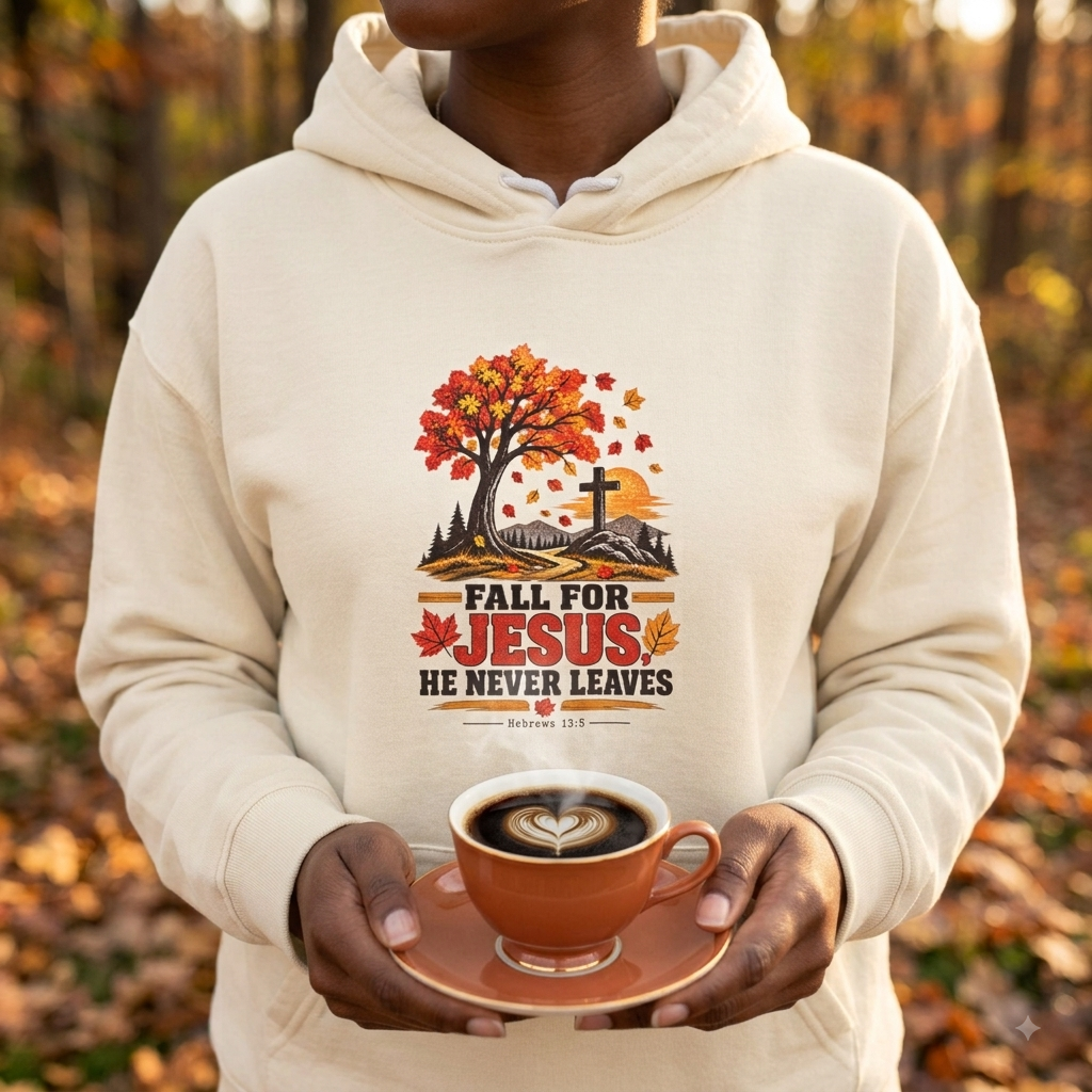 Fall for Jesus Hoodie — He Never Leaves - Autumn Christian Sweatshirt