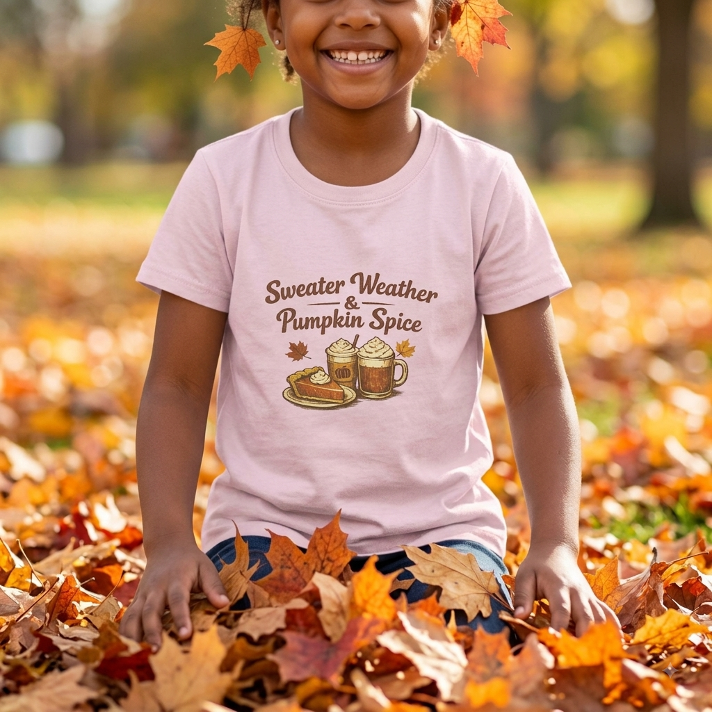 Kids — "Sweater Weather & Pumpkin Spice" Autumn Graphic Tee