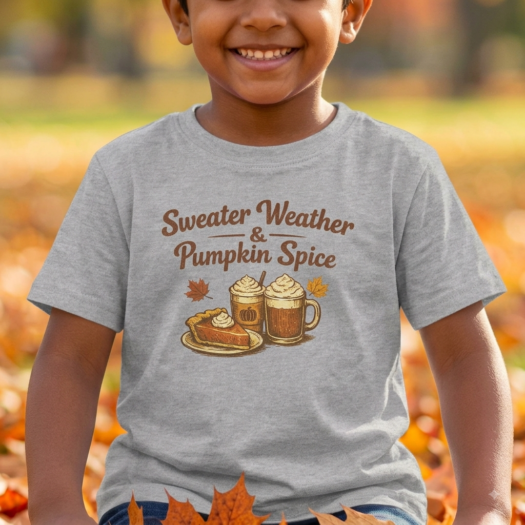 Kids — "Sweater Weather & Pumpkin Spice" Autumn Graphic Tee
