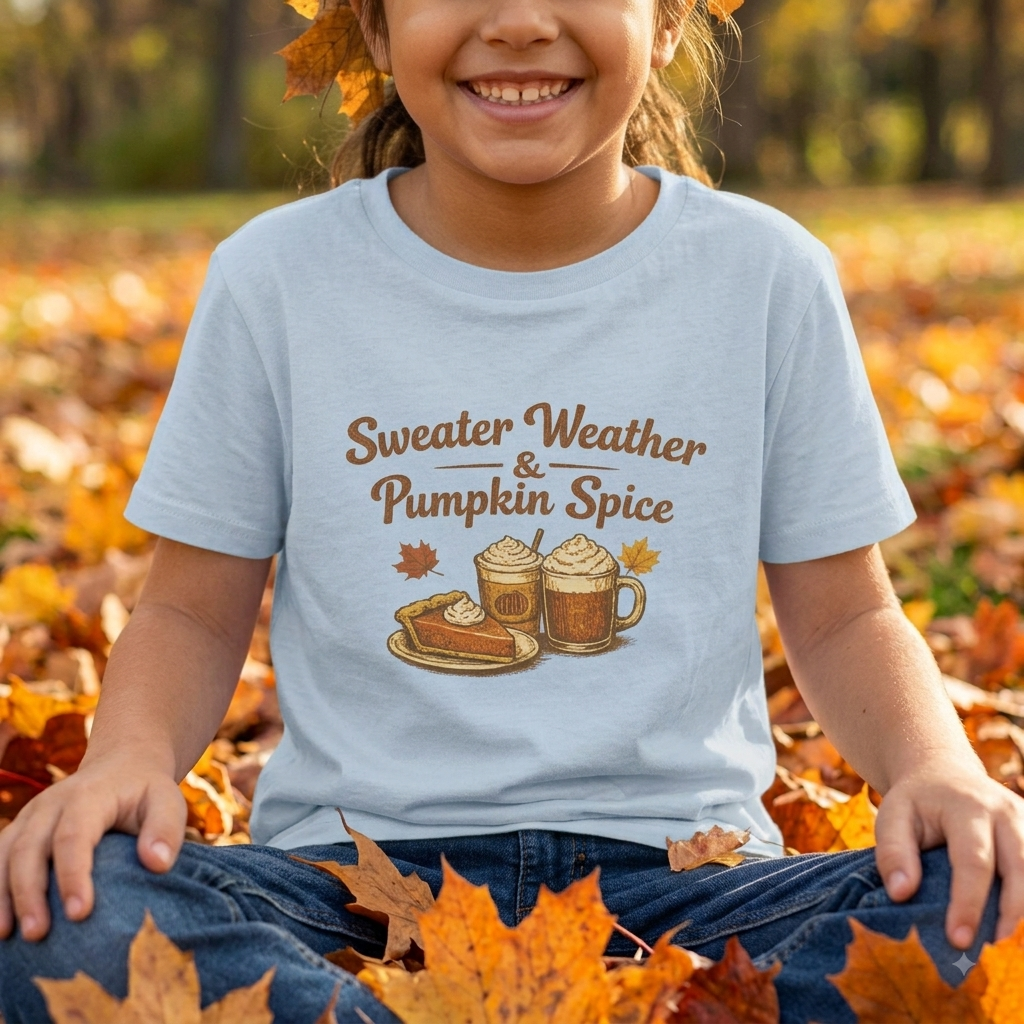 Kids — "Sweater Weather & Pumpkin Spice" Autumn Graphic Tee