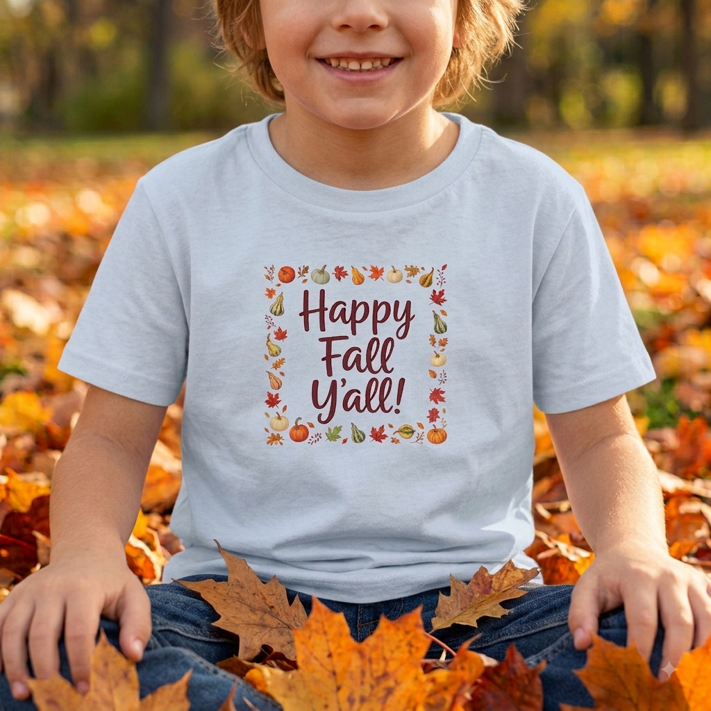 Kids - Happy Fall Y’all! - Autumn Leaves Pumpkin Tee