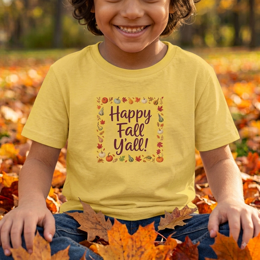 Kids - Happy Fall Y’all! - Autumn Leaves Pumpkin Tee