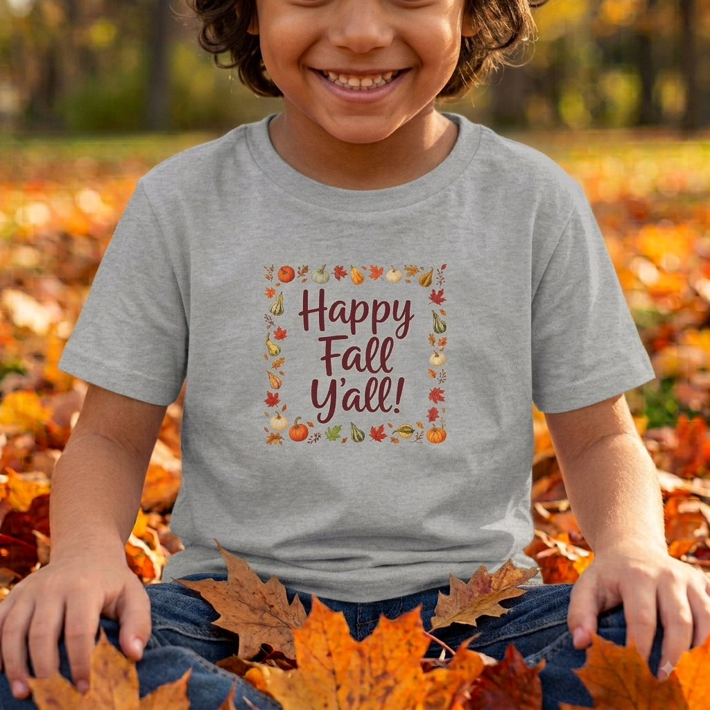 Kids - Happy Fall Y’all! - Autumn Leaves Pumpkin Tee