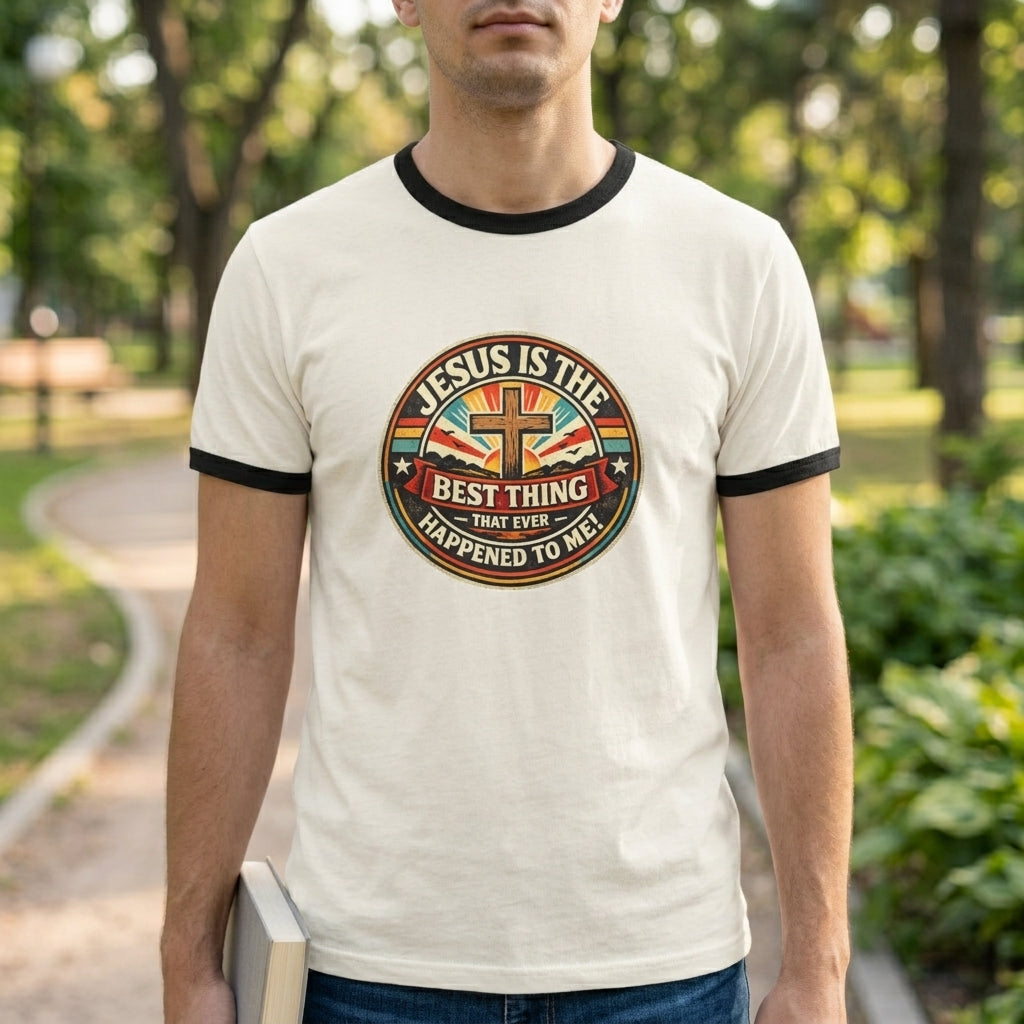 Christian Ringer T-Shirt — "Jesus Is The Best Thing That Ever Happened To Me" Vintage Cross Design