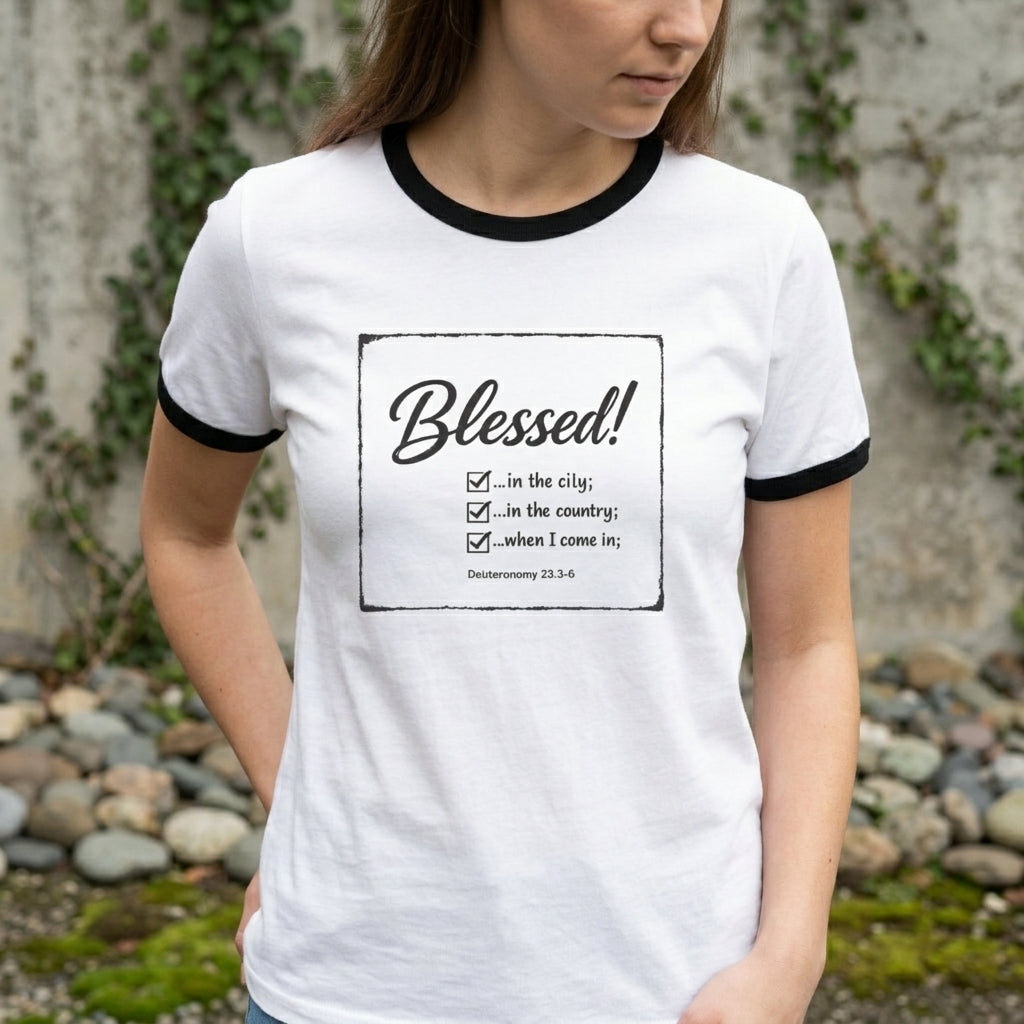 Blessed! Ringer T-Shirt — Christian Faith Graphic Tee (Blessed in the City, Country, Home)