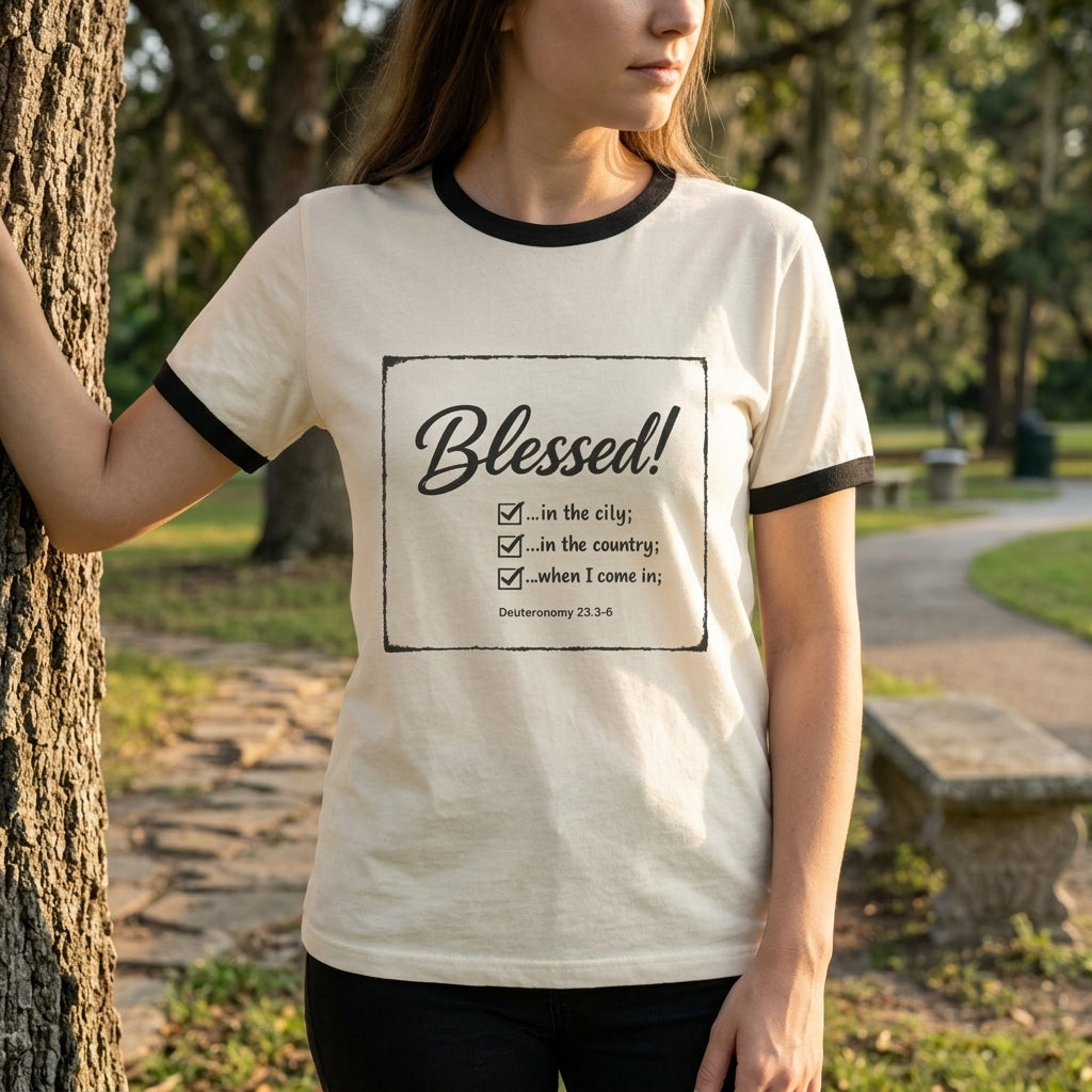 Blessed! Ringer T-Shirt — Christian Faith Graphic Tee (Blessed in the City, Country, Home)