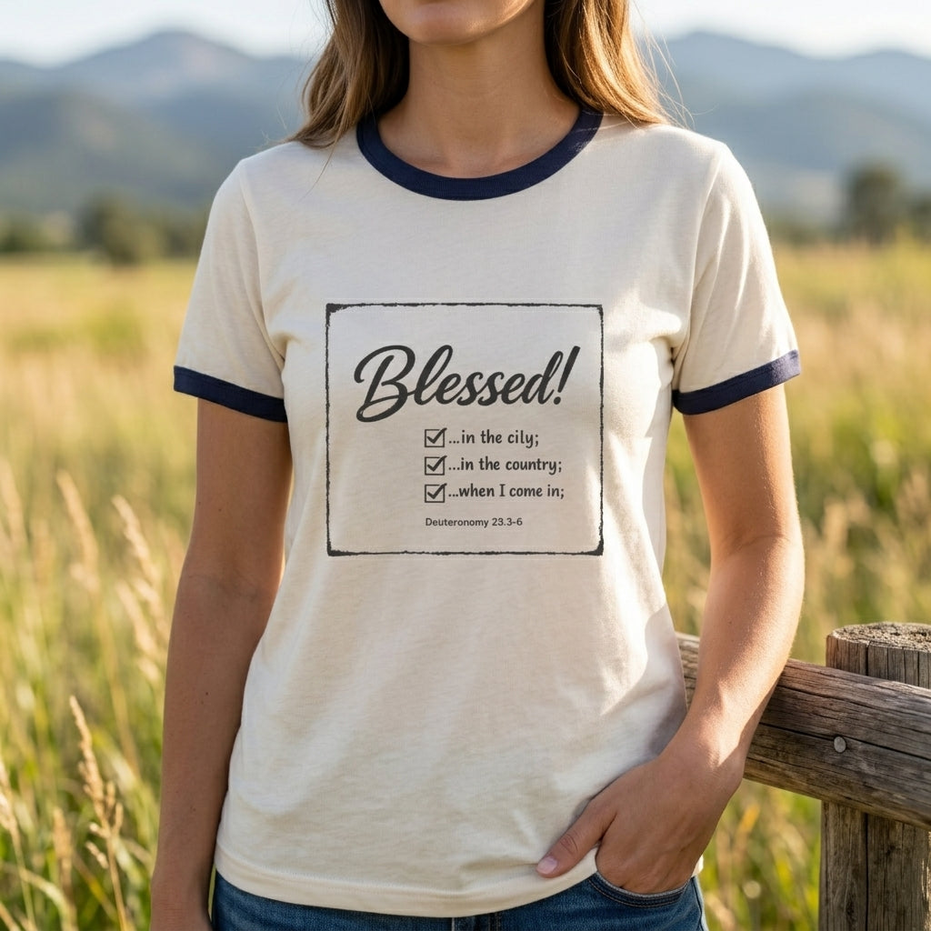 Blessed! Ringer T-Shirt — Christian Faith Graphic Tee (Blessed in the City, Country, Home)