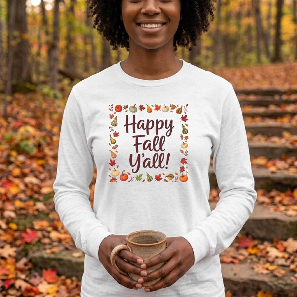 Adult - Happy Fall Y'all - Autumn Leaves Pumpkin Long Sleeve Tee