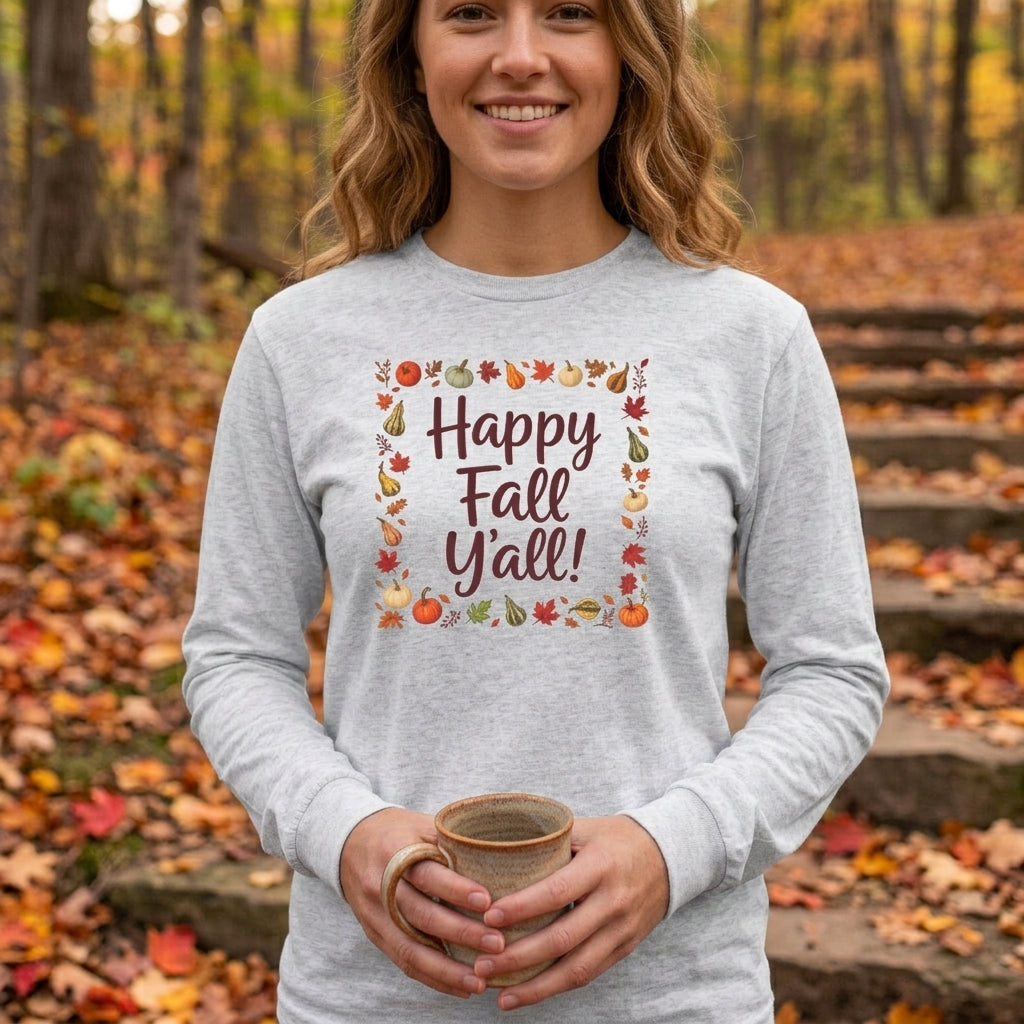 Adult - Happy Fall Y'all - Autumn Leaves Pumpkin Long Sleeve Tee