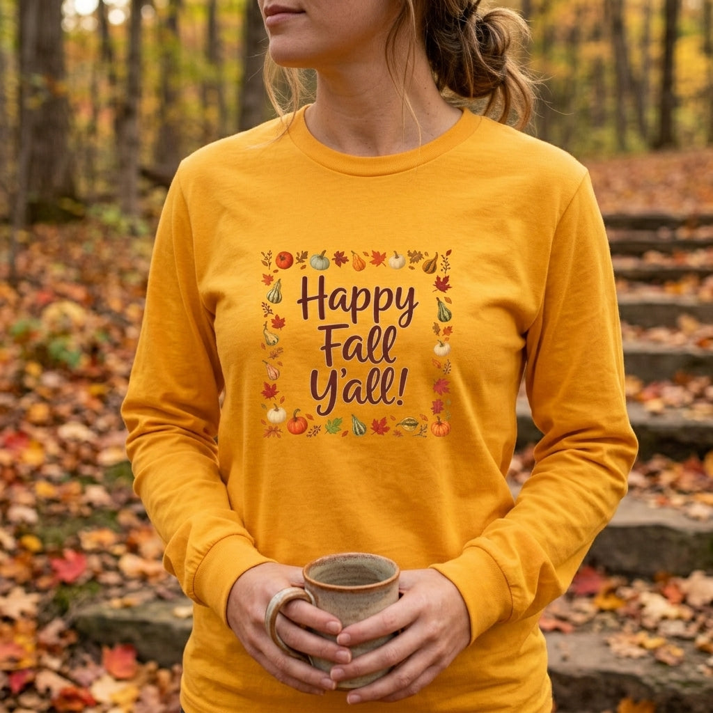 Adult - Happy Fall Y'all - Autumn Leaves Pumpkin Long Sleeve Tee