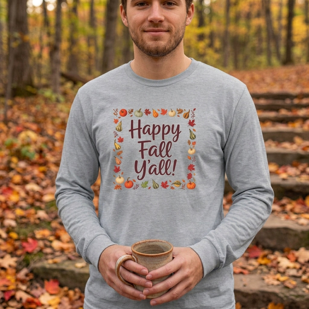 Adult - Happy Fall Y'all - Autumn Leaves Pumpkin Long Sleeve Tee